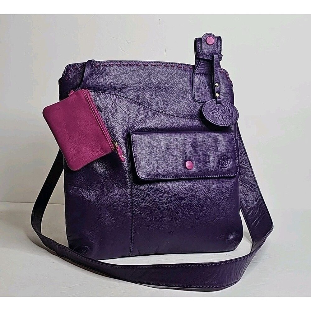 Vintage 100% Genuine Purple Leather Crossbody Bag w/ Floral Logo & Brass Rivets